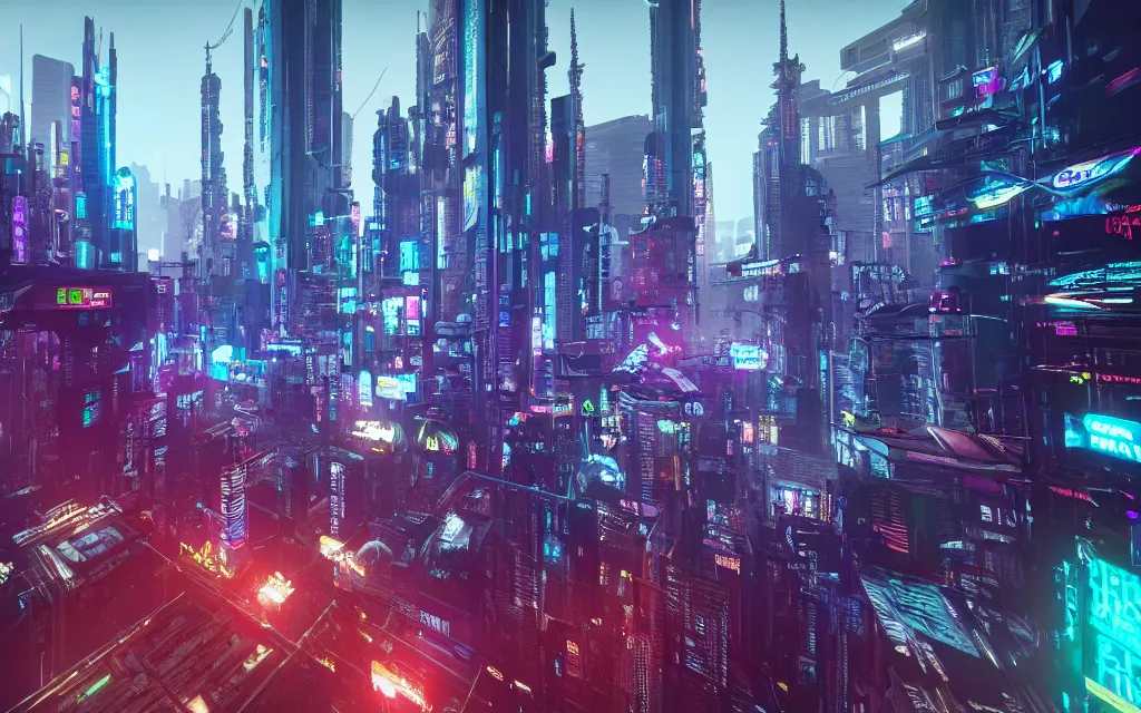 Image similar to highly futuristic cityscapes, cyberpunk aesthetics, intricate detail, neon color scheme, rendered in cryengine