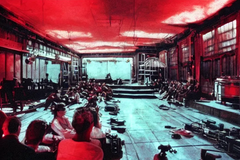Image similar to view from the stage, back of an audience at the atmospheric and obscure, red neon light, by roger deakins, cinematography, syd mead