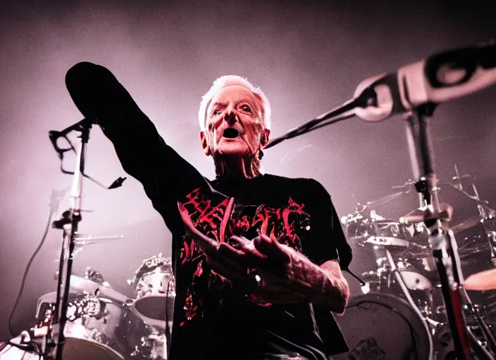 Image similar to publicity photo still of bob barker in a death metal band playing live on stage, 8 k, live concert lighting, mid shot