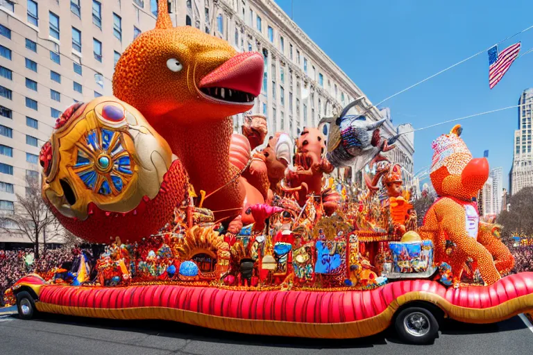 Image similar to photo of giant beautiful elaborate parade float designed by geoff darrow and wes anderson, in the macys parade, detailed 4 k photo