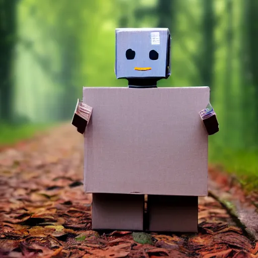 Prompt: robot made of a cardboard box, crayon face, walking through the forest, dof, cinematic lighting, hyperrealistic, extremely detailed,