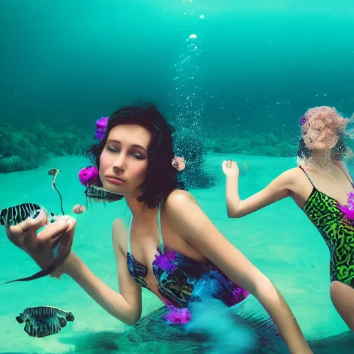 Image similar to dreamlike film photography of a three beautiful women in black one piece swimsuits picnicking at night underwater in front of colourful underwater clouds by Kim Keever. In the foreground floats a seasnake. low shutter speed, 35mm