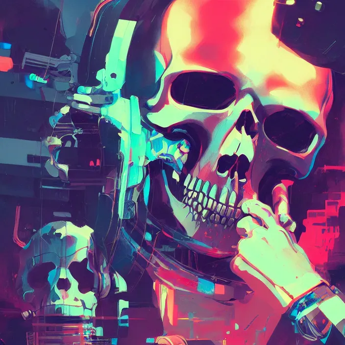 Image similar to a colorful comic noir illustration painting of a cyberpunk skull by sachin teng and sergey kolesov and ruan jia and heng z. hyper detailed. octane render. trending on artstation