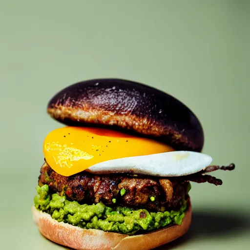 Image similar to juicy vegan hamburger topped with guacamole and fried onion and a vegan fried egg, crispy buns, 8 k resolution, professional food photography, studio lighting, sharp focus, hyper - detailed