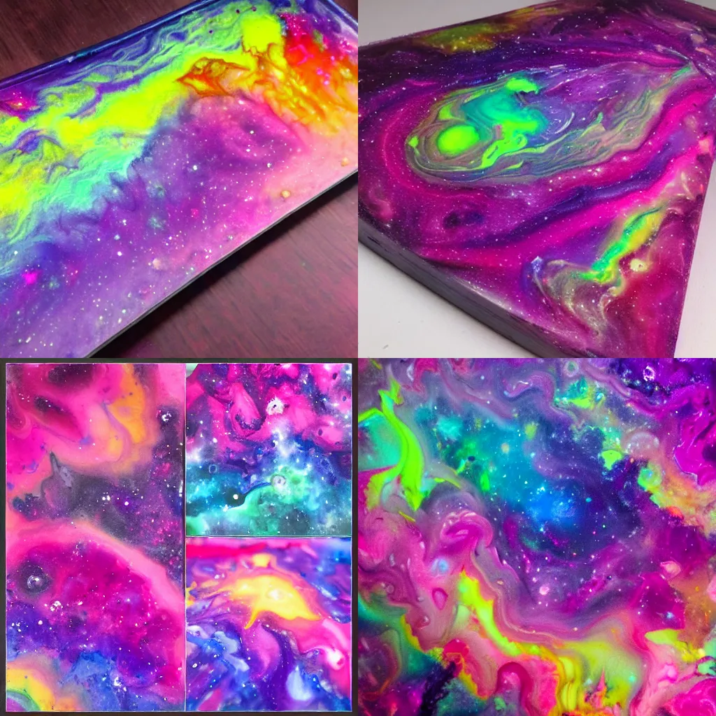 Prompt: pink and purple paint pour, marbling, very detailed, 8k 4k, cosmic nebula, alien worlds, sherbert sky, glowing rainbow neon ink, deep color