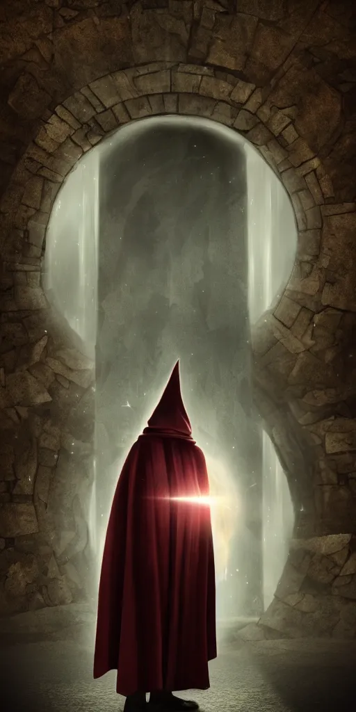 Image similar to a wizard in a cloak standing in front of a portal to wisdom, tall door, high ceiling, magic light, light beam, cinematic atmosphere, high definition, ultra detailed