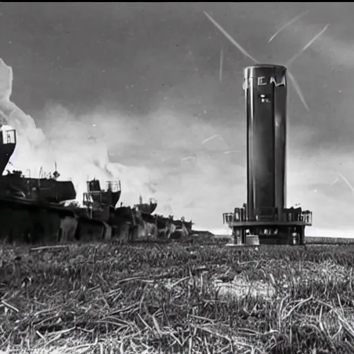 Prompt: tesla coil from red alert in ww2 stock footage of d-day