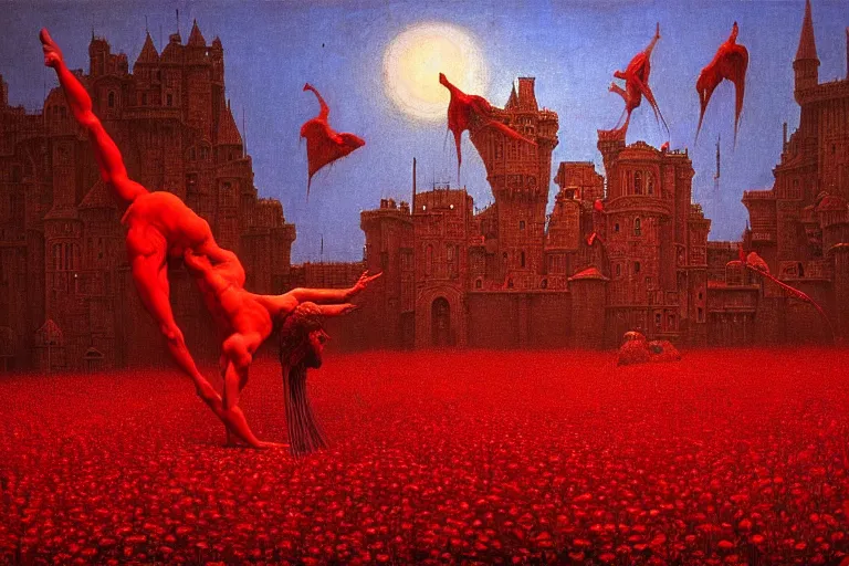 Image similar to only with red, red flowers of different types, a red tiger, a castle in the background, medieval demons dance over the flowers, an ancient path, in the style of beksinski, part by hopper, part by rodcenko, part by hofbauer, intricate composition, red by caravaggio, insanely quality, highly detailed, masterpiece, red light, artstation