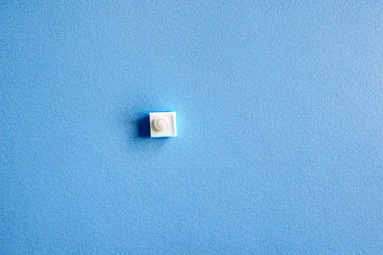 Prompt: single blue lego brick on white studio floor, soft light, 3 5 mm