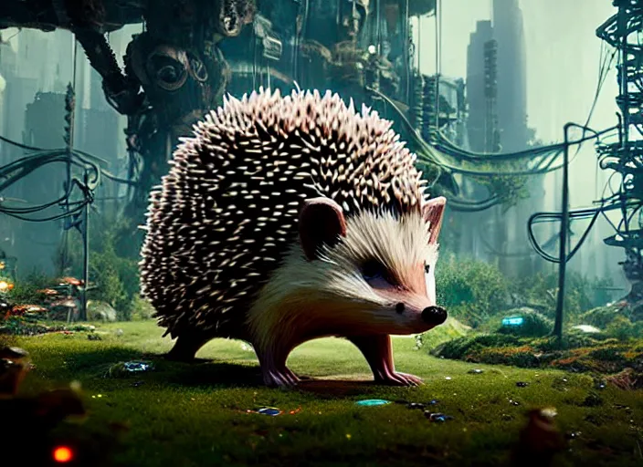 Image similar to giants mechanical hedgehog on the background of a weird magical mechanical forest. Very detailed 8k. Fantasy cyberpunk horror. Sharp. Cinematic post-processing. Unreal engine. Nanite. Ray tracing. Parallax. Tessellation