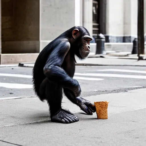 Image similar to a 5 0 mm photo of a chimpanzee in a business suit picking up pennies on a street in manhattan, hyperrealistic