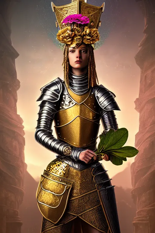 Image similar to hyperdetailed matte illustration of a female knight wearing an ornate gold headpiece and holding a flower with a map of the collective subconscious in the background by octane render