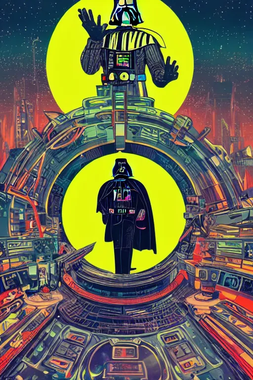 Image similar to darth vader dj standing on a giant science fiction neon turntable at a astronaut rave, anti gravity, digital art, winning award masterpiece, fantastically beautiful, intricate, illustration, dan mumford, geof darrow, moebius, artgerm, alphonse mucha, roger dean,, 8 k