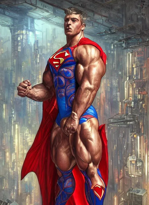 Image similar to portrait of crossfit bodybuilder fitness muscular superman!, futuristic detailed ornate cyberpunk costume!, red and blue costume!!, pale skin!, no logo!!!, painted art by tsuyoshi nagano, greg rutkowski, artgerm, alphonse mucha, spike painting