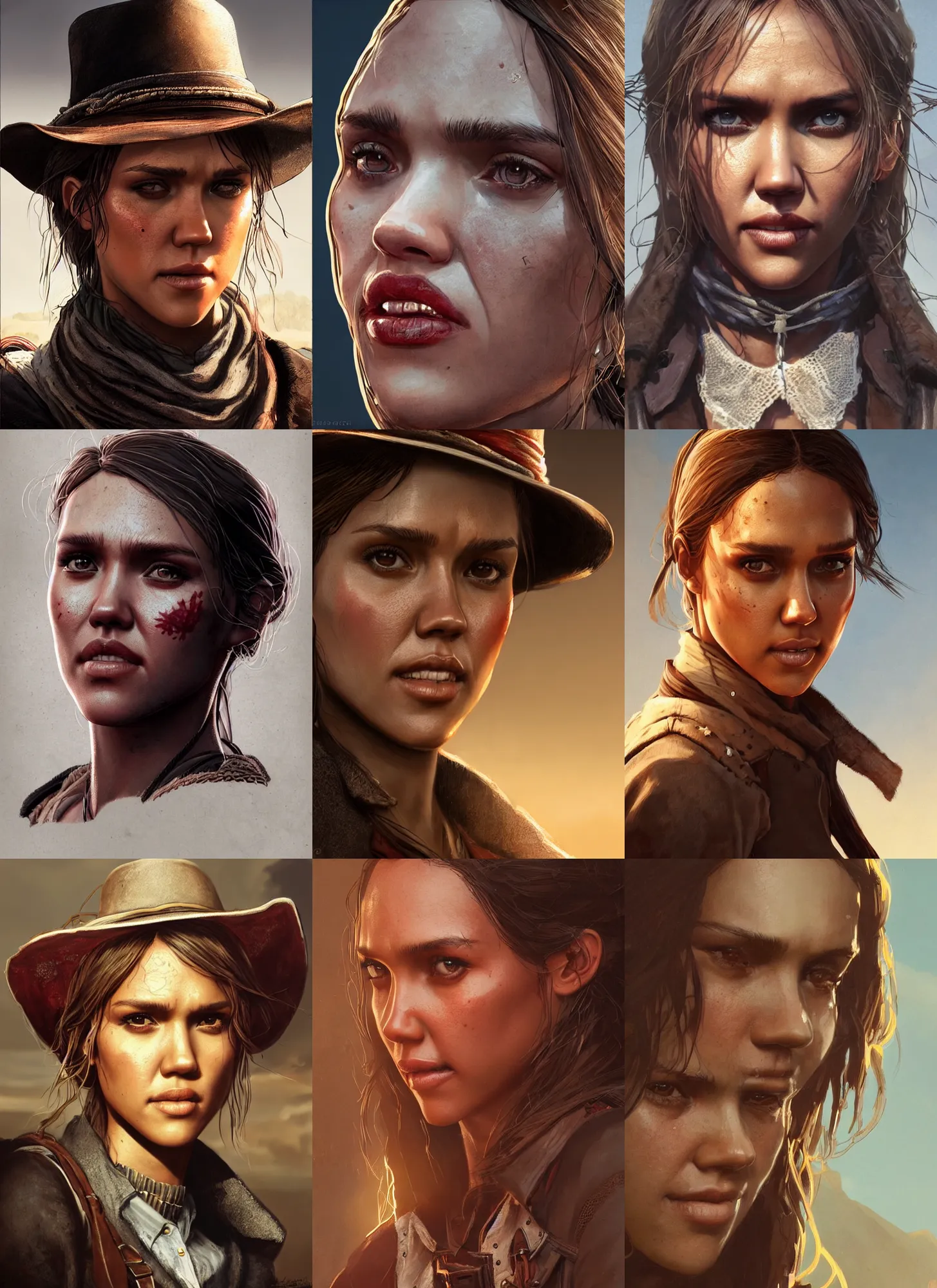 Prompt: close face portrait of jessica alba as red dead redemption 2 concept art, art by ryo shiotani and greg rutkowski, intricate, beautiful, cute, cinematic lighting, vintage art by serge ivanoff, high resolution, very detailed