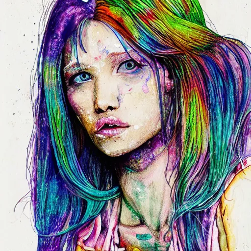 Prompt: a grungy pizza woman with rainbow hair, soft eyes and narrow chin, dainty figure, long hair straight down, torn overalls, short shorts, combat boots, side boob, wet tshirt, raining, basic white background, symmetrical, watercolor, pen and ink, intricate line drawings, by Yoshitaka Amano, Ruan Jia, Kentaro Miura, Artgerm, detailed, trending on artstation, hd, masterpiece,