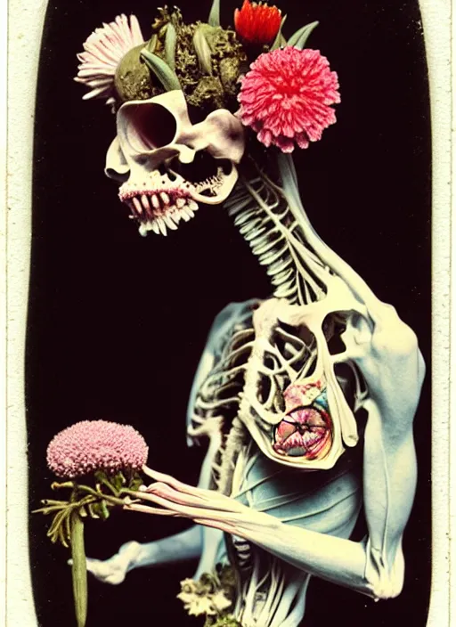 Image similar to beautiful and detailed rotten woman made of plants and many types of flowers like carnation, chrysanthemum and tulips, anatomical, 🫀, intricate, organs, ornate, surreal, john constable, guy denning, gustave courbet, caravaggio, romero ressendi 1 9 1 0 polaroid photo