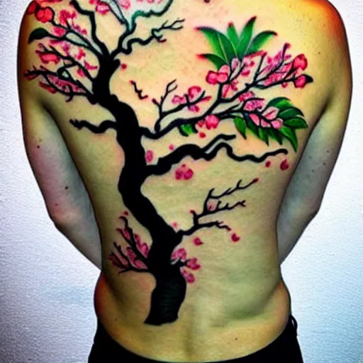 Image similar to back tattoo, cherry blossom tree, bonsai tree, tattoo photography, colorful tattoo, cherries, fruit