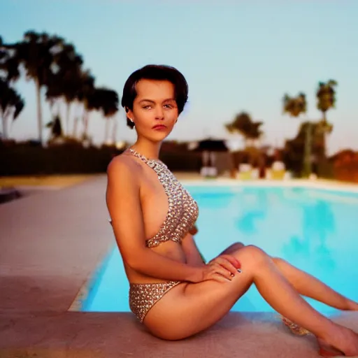 Image similar to a portrait of a beautiful woman with short hair, wearing diamonds, sitting in the pool, evening, los angeles landscape on background, 1 9 7 0 film photography