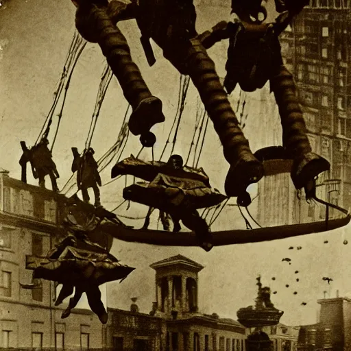 Prompt: grainy 1800s photo of a cybernetic paratroopers parachuting out of mechanical flying machines into a city
