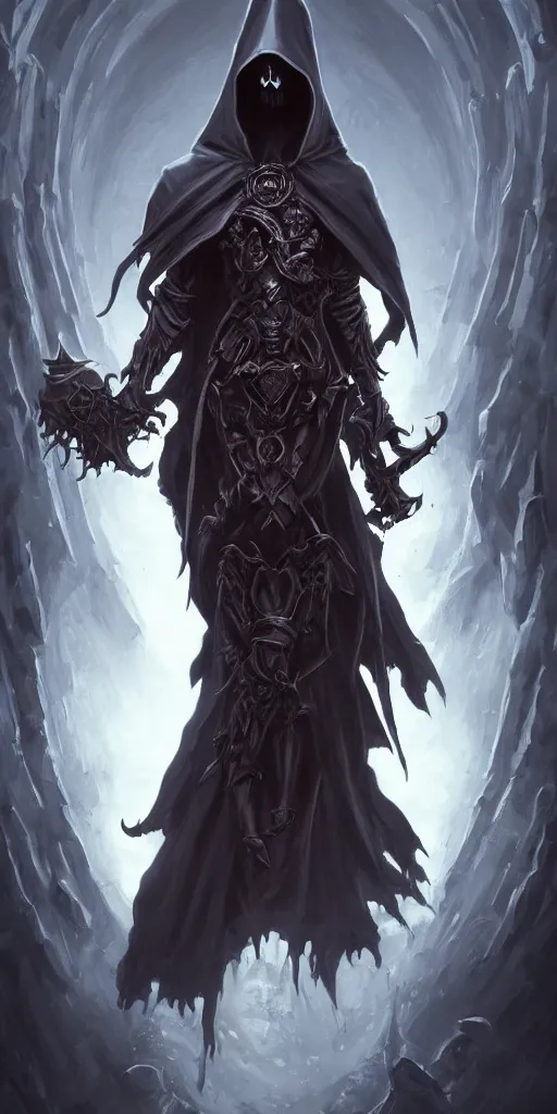 Prompt: necromancer with a skull face, full body shot, hood, d & d, dark, fantasy, dynamic pose, ethereal background, intricate, elegant, highly detailed, digital painting, artstation, concept art, matte, sharp focus, illustration, hearthstone, art by artgerm and greg rutkowski and alphonse mucha