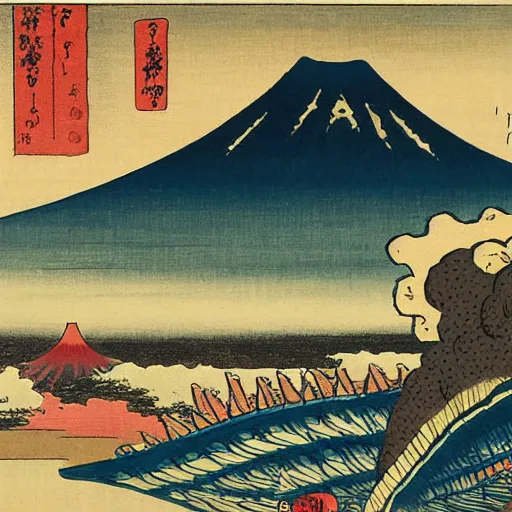 Prompt: Giant banana fighting against Godzilla with mount fuji in the background by Hokusai, ukio-e