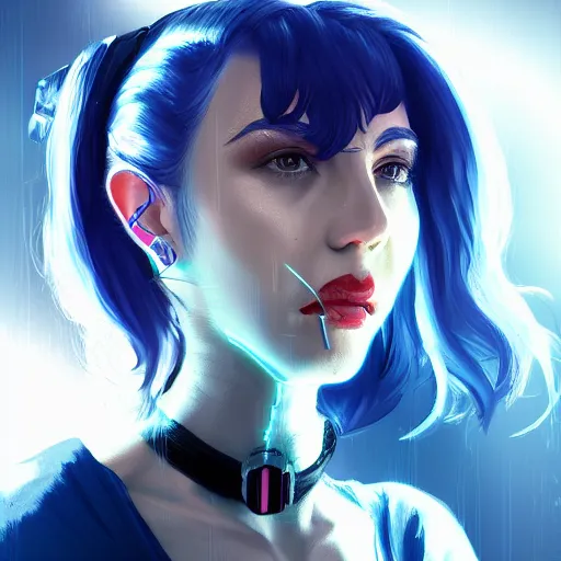Prompt: headshot artwork of cyberpunk woman wearing thick steel choker, 4K, collar on neck, realistic, artstation, neon,