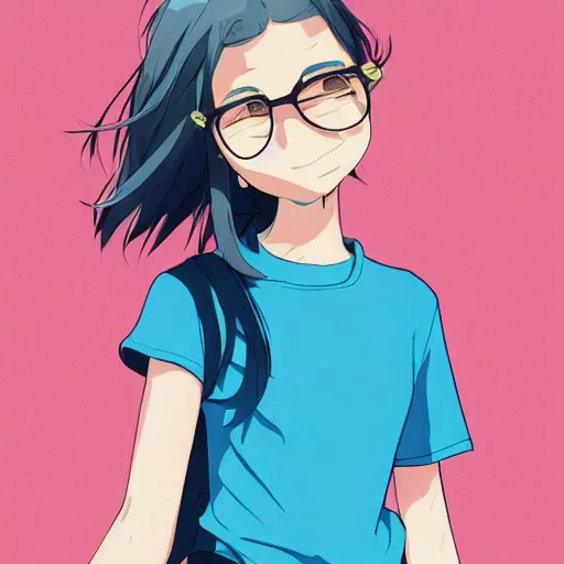 Prompt: portrait of a smiling young teenage girl ( big cheekn small mouth weak chin round nose ), light brown long wavy hair, clear blue gray eyes, pink glasses, with a smiley t - shirt, in the style of makoto shinkai and artgerm and loish, dynamic lighting trending on artstation