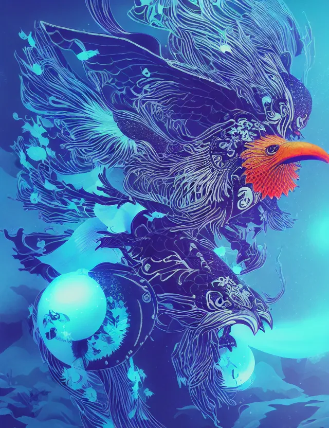 Image similar to new world order, intricately detailed japanese crow kitsune mask and clasical japanese kimono. betta fish, jellyfish phoenix, bio luminescent, plasma, ice, water, wind, creature, artwork by tooth wu and wlop and beeple and greg rutkowski