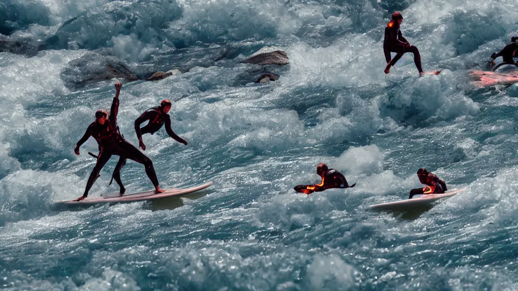 Image similar to people in suits of armor surfing down a river of lava on the side of a volcano on surfboards, action shot, dystopian, motion blur, sharp focus, cinematic