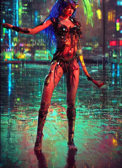 Prompt: An epic fantasy comic book style full body portrait painting of a very beautiful cyberpunk Hula Dancer in the rain, neon reflections in the rain puddles, character design by Mark Ryden and Pixar and Hayao Miyazaki, unreal 5, DAZ, hyperrealistic, octane render, cosplay, RPG portrait, dynamic lighting, intricate detail, cinematic