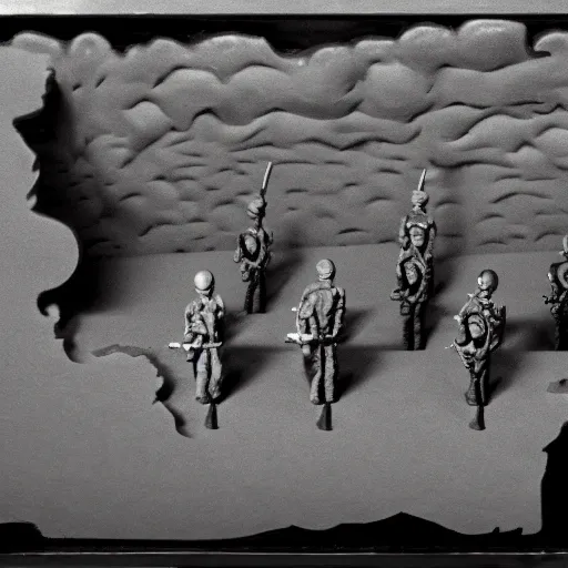 Image similar to world war ii, surrealistic detailed claymation art, dark, moody, foggy