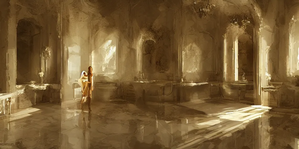 Prompt: in the bathroom of an incredible palace with the beautiful Natalia Vodianova, Craig Mullins, matte painting, artstation