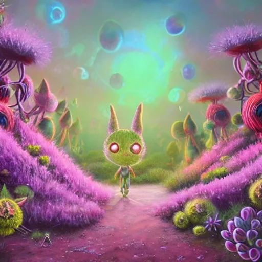 Prompt: cute fluffy aliens with big eyes and big ears in field of weird luminescent flowers and succulent trees detailed oil painting 4 k