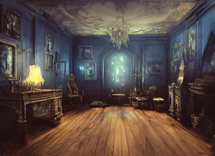 Prompt: gothic mansion room, wooden floor, elegant, digital artwork, paint, blue tones, detailed, by bastien lecouffe deharme, by jeremy mann, by alexander fedosav