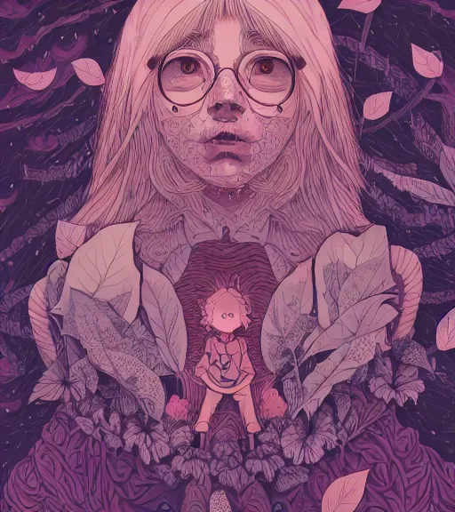 Image similar to portrait, nightmare anomalies, leaves with howl by miyazaki, violet and pink and white palette, illustration, kenneth blom, mental alchemy, james jean, pablo amaringo, naudline pierre, contemporary art, hyper detailed