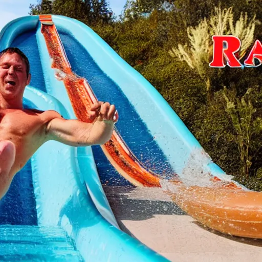 Prompt: raw chicken going down a waterslide