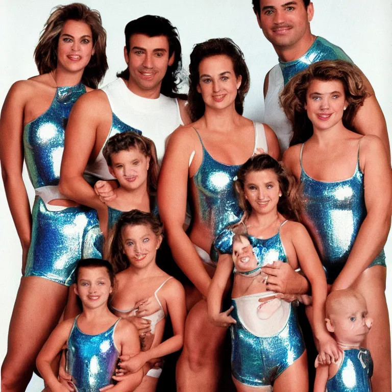 Image similar to a 1990's sears portrait, an incredibly muscular family wearing shiny reflective iridescent latex bodysuits