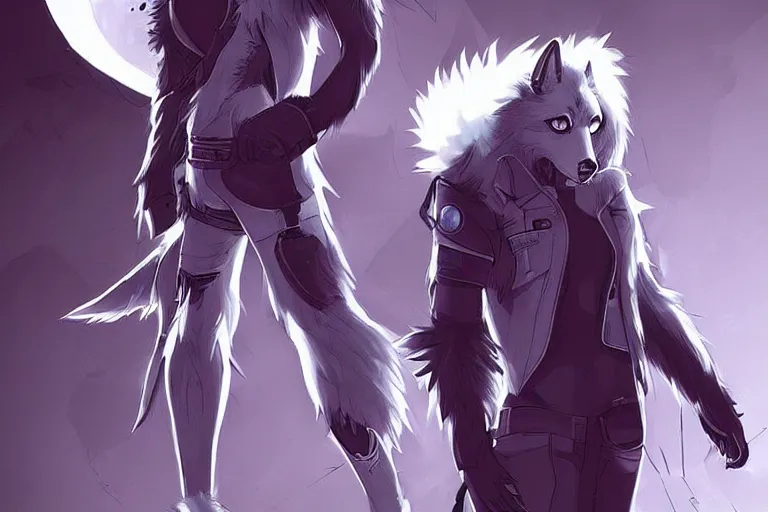 Prompt: a cyberpunk anthropomorphic wolf with a fluffy tail, comic art, trending on furaffinity, cartoon, kawaii, backlighting, furry art!!!, black and white, concept art