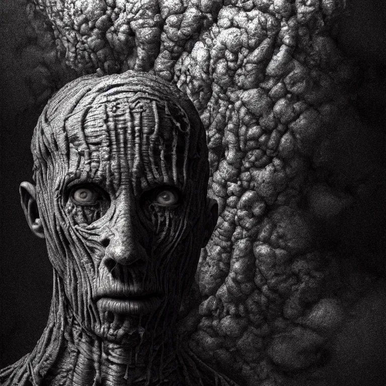 Image similar to ribbed man face portrait, baroque painting, standing in a desolate empty wasteland, creepy, nightmare, dream-like heavy atmosphere, surreal abandoned buildings, beautiful detailed intricate insanely detailed octane render trending on Artstation, 8K artistic photography, photorealistic, chiaroscuro, Raphael, Caravaggio, Beksinski, Giger