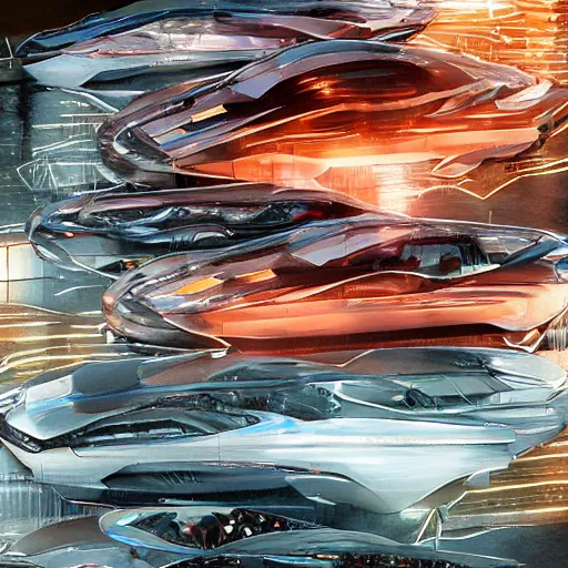 Prompt: parking several cars: center composition, car portrait shot, motherboard forms designed by zaha hadid, sci-fi futuristic ultra realistic photography, keyshot render, octane render, unreal engine 5 lumen, high oiled liquid glossy specularity reflections, ultra detailed, golden hour, dramatic lighting 4k, 8k, 16k in the style ofblade runner 2049 Cyberpunk 2077 ghost in the shell thor 2 marvel film : tilt shift: sharp focus