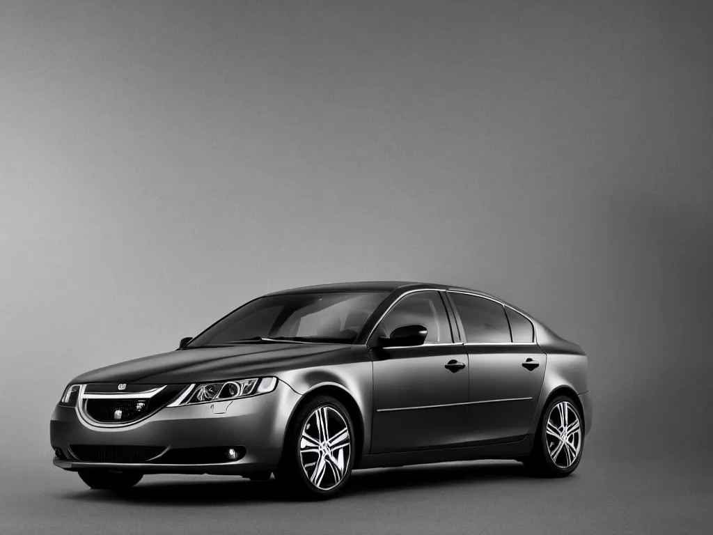 Prompt: High quality artistic photo of a brand new SAAB 9-5 2012 standing in a showroom with dark background and spot lights aimed at the car. Sigma lens 85 mm 2.4f