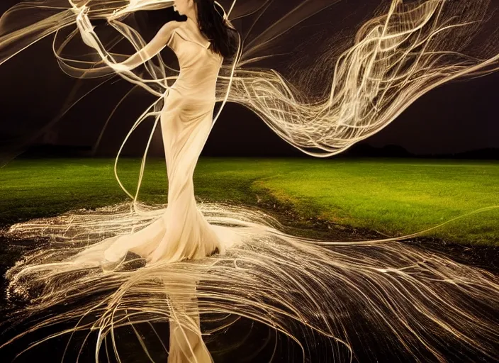 Prompt: an elegant goddess, flowing lightpainting swirling around her, highly detailed, photorealistic, surrounded by lake, reflections, smooth, sharp focus, ultrawide, art by lindsay adler and michael bosanko