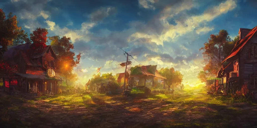 Prompt: country town, fantasy, day light, sun, wide angle, highly detailed, rich bright colors, trending on artstation