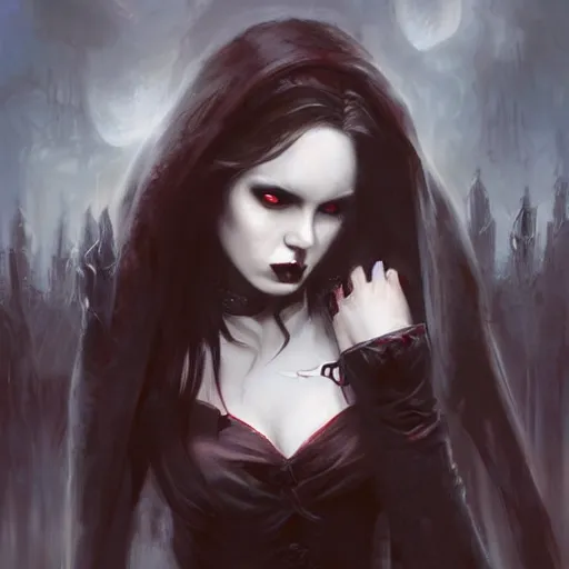 Prompt: beautiful gothic vampire girl, paint by Raymond Swanland