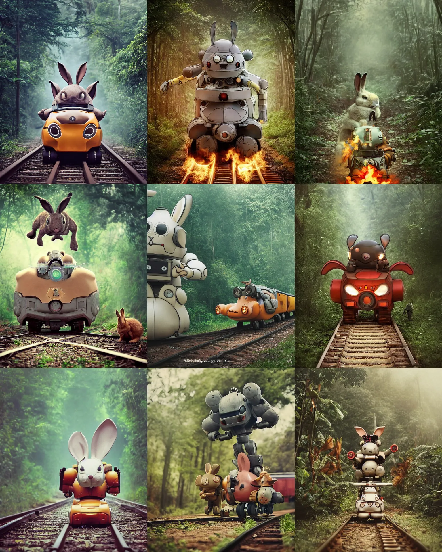 Prompt: epic battle pose !!!giant oversized battle rabbit robot chubby mech baby as train on fire with big ears and rabbit, on a jungle forest train track , full body , Cinematic focus, Polaroid photo, vintage , neutral dull colors, soft lights, foggy ,random weather, by oleg oprisco , by victor enrich