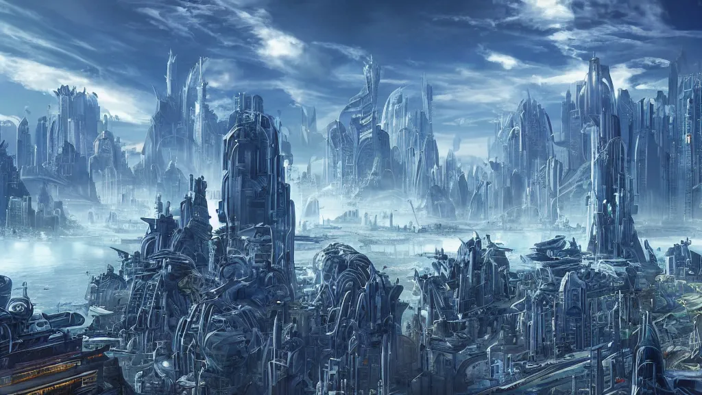 Image similar to a futuristic sci - fi city skyline's in the style of atlantis : the lost empire ( 2 0 0 1 )