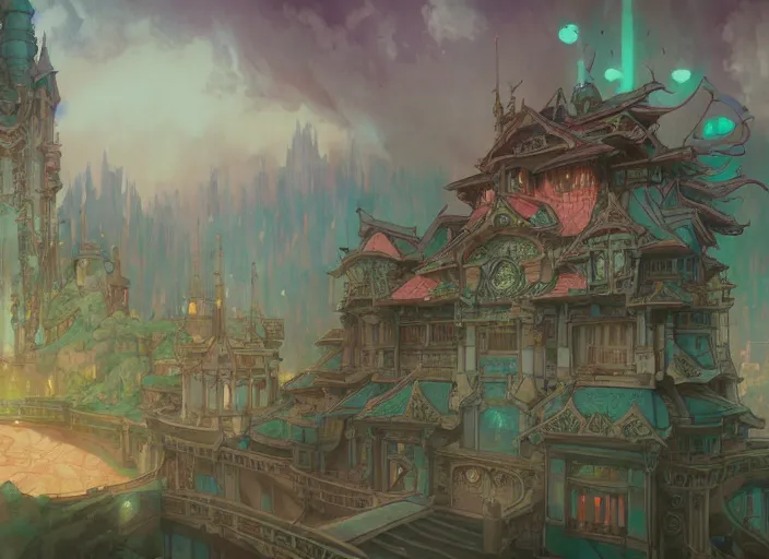 Image similar to pagan building, anime, studio ghibli, concept art, mucha, unreal engine, peter mohrbacher, makoto shinkai, 8 k, art nouveau, castle, japanese mythology, elegant