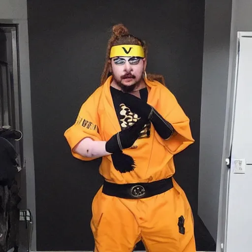 Image similar to post Malone cosplaying as Naruto, incredible outfit, high fashion,