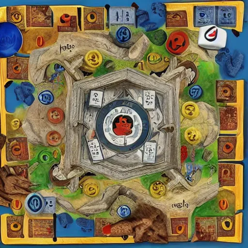 Prompt: a medieval castle michael menzel board game art